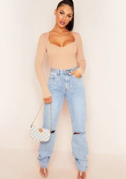 Tops|Bodysuits*Missy Empire Aaliyah Bust Cup Bandage Rib Bodysuit Rose