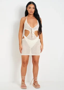 Knitted Dresses|Mini Dresses*Missy Empire Aarya Cream Knit Cut Out Mini Dress