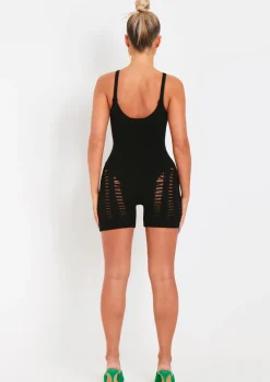 Rave Outfits|Concert Outfits*Missy Empire Adalynn Laddered Knitted Unitard Black