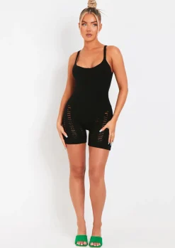 Rave Outfits|Concert Outfits*Missy Empire Adalynn Laddered Knitted Unitard Black