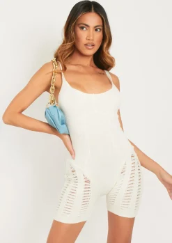 Rave Outfits|Concert Outfits*Missy Empire Adalynn Laddered Knitted Unitard Cream