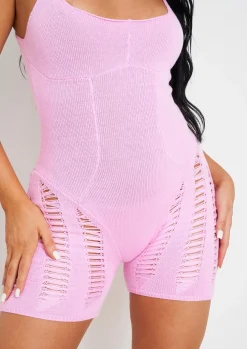 Rave Outfits|Concert Outfits*Missy Empire Adalynn Laddered Knitted Unitard Pink