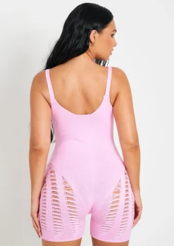 Rave Outfits|Concert Outfits*Missy Empire Adalynn Laddered Knitted Unitard Pink
