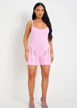 Rave Outfits|Concert Outfits*Missy Empire Adalynn Laddered Knitted Unitard Pink