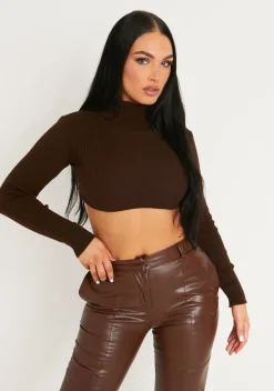 Airport Vibin'|Knitwear*Missy Empire Agnese Super Crop Roll Neck Knitted Jumper Chocolate