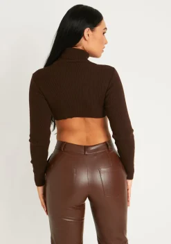 Airport Vibin'|Knitwear*Missy Empire Agnese Super Crop Roll Neck Knitted Jumper Chocolate