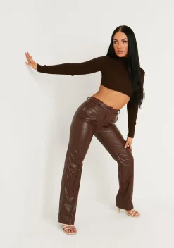 Airport Vibin'|Knitwear*Missy Empire Agnese Super Crop Roll Neck Knitted Jumper Chocolate