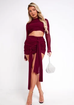 The Party Edit|Skirts*Missy Empire Alanna Mesh Drape Detail Mini Skirt Burgundy