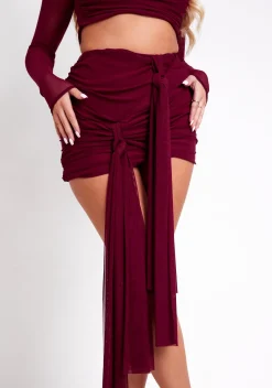 The Party Edit|Skirts*Missy Empire Alanna Mesh Drape Detail Mini Skirt Burgundy