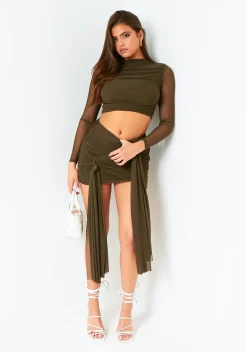 The Party Edit|Skirts*Missy Empire Alanna Dark Mesh Drape Detail Mini Skirt Khaki