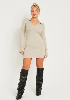 Mini Dresses|Knitted Dresses*Missy Empire Aleena Stone Knitted Flare Cuff Collared Mini Dress