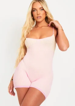 Rave Outfits|Knitwear*Missy Empire Alejandra Pink Contrast Knit Rib Unitard
