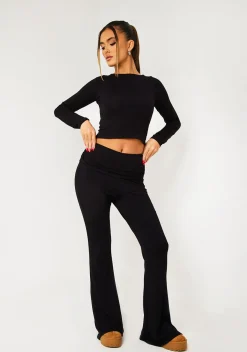Gym Bottoms|Trousers*Missy Empire Alena Fold Over Yoga Pants Black