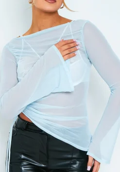Concert Outfits|Tops*Missy Empire Alexa Light Blue Long Sleeve Mesh Top