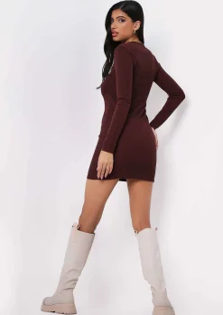Long Sleeve Dresses|Knitted Dresses*Missy Empire Alia Chocolate Button Up Ribbed Mini Dress