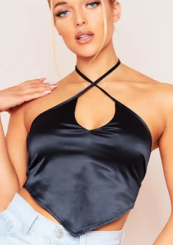 Tops*Missy Empire Aliyah Cross Strap Satin Tie Pointed Hem Top Black