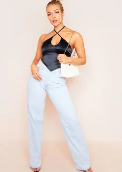 Tops*Missy Empire Aliyah Cross Strap Satin Tie Pointed Hem Top Black