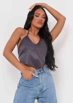 Tops*Missy Empire Aliyah Cross Strap Satin Tie Pointed Hem Top Grey