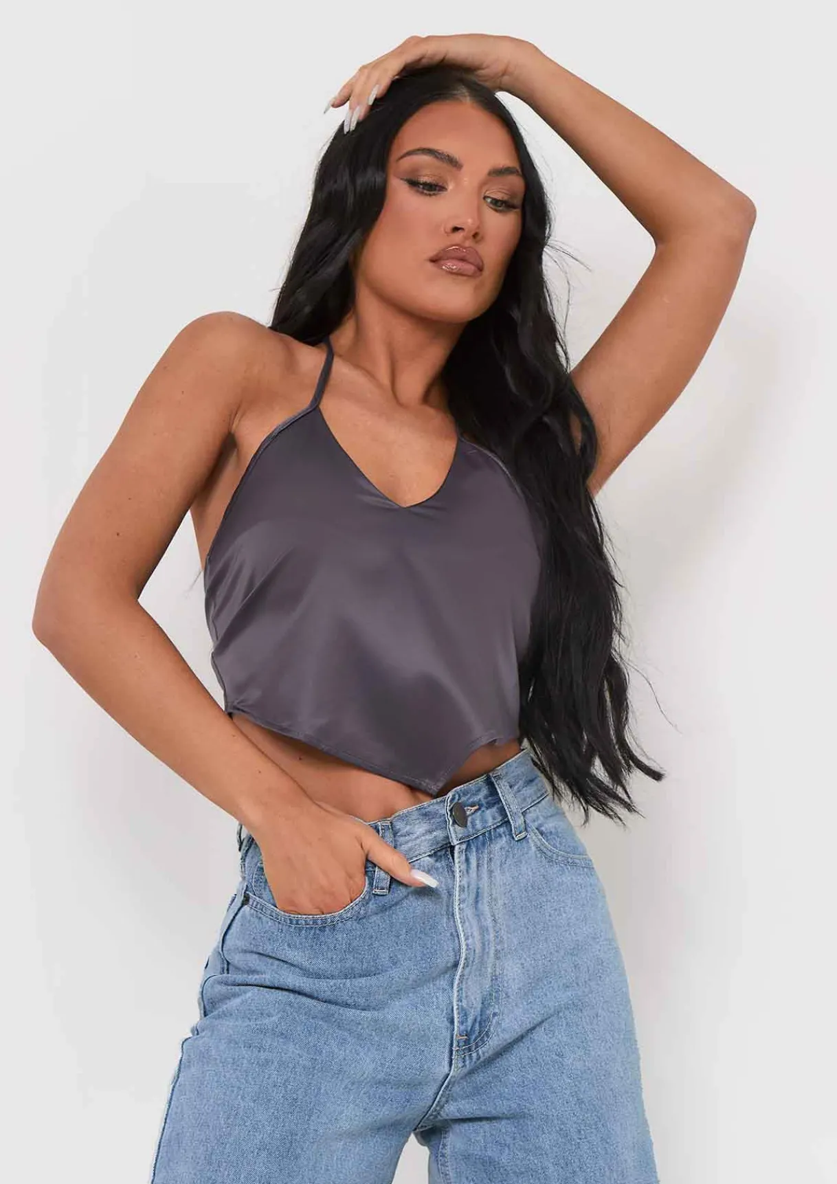 Tops*Missy Empire Aliyah Cross Strap Satin Tie Pointed Hem Top Grey