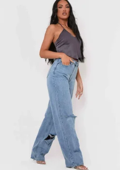 Tops*Missy Empire Aliyah Cross Strap Satin Tie Pointed Hem Top Grey