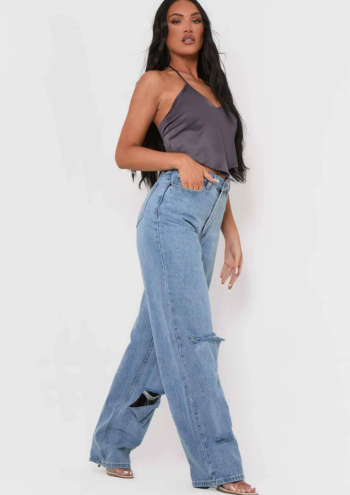 Tops*Missy Empire Aliyah Cross Strap Satin Tie Pointed Hem Top Grey