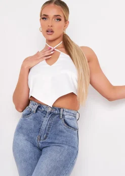 Tops*Missy Empire Aliyah Ivory Cross Strap Satin Tie Pointed Hem Top White