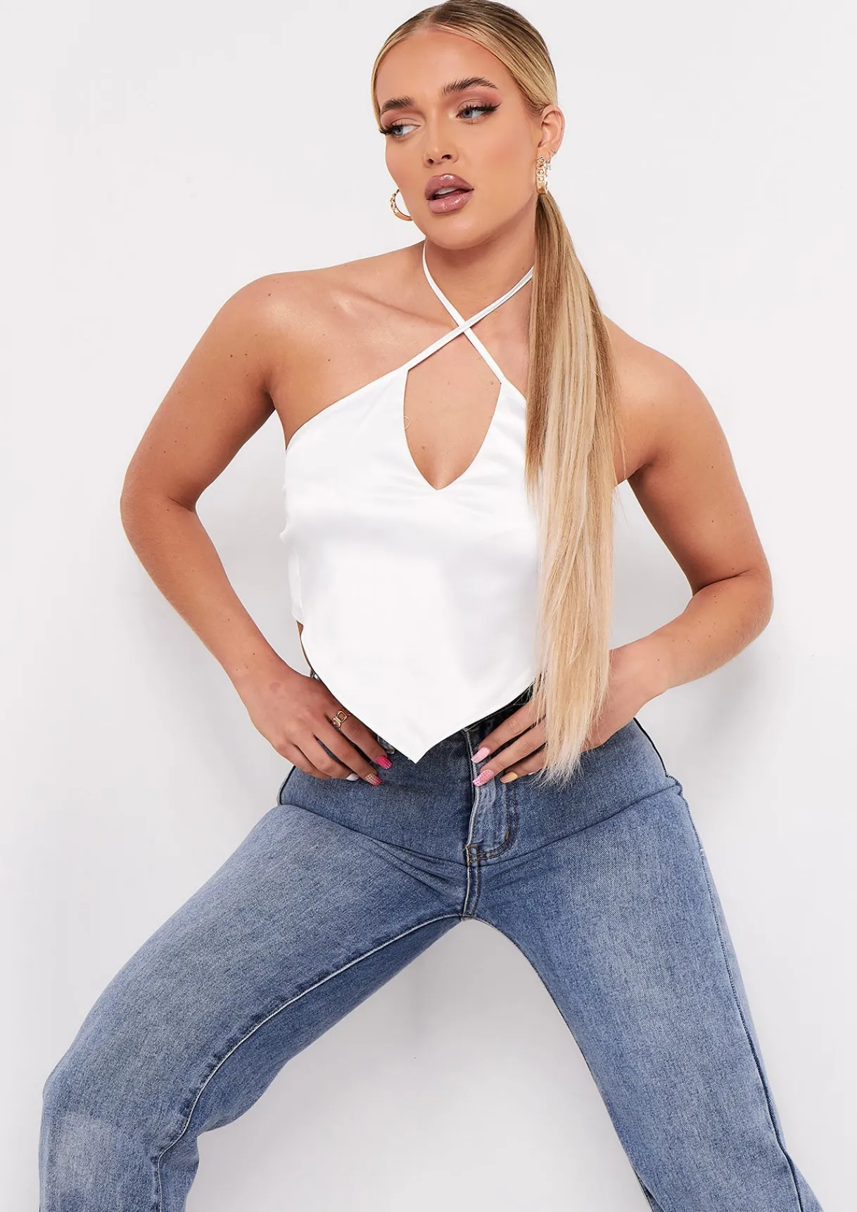 Tops*Missy Empire Aliyah Ivory Cross Strap Satin Tie Pointed Hem Top White