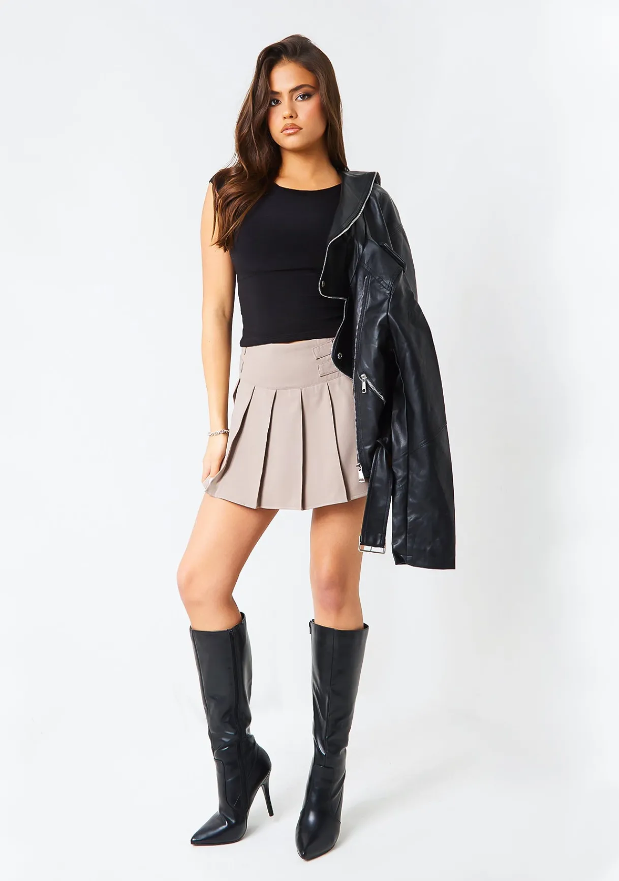 Skirts*Missy Empire Allana Taupe Pleated Buckle Detail Mini Skirt