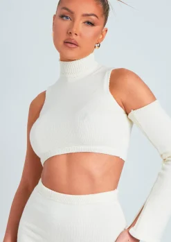 Knitwear|Co-Ords*Missy Empire Amber Cream One Sleeve Knitted Crop Top