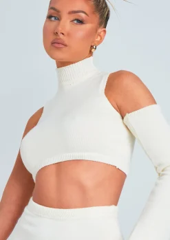Knitwear|Co-Ords*Missy Empire Amber Cream One Sleeve Knitted Crop Top
