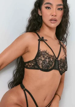Lingerie*Missy Empire Amelia Black Floral Lace Cut Out Bra And Thong Lingerie Set