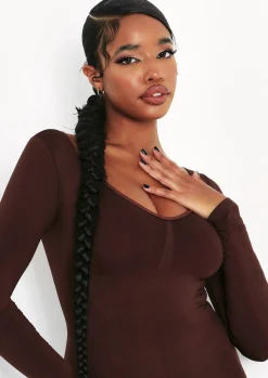 Airport Vibin'|Loungewear*Missy Empire Amelia Seamless Long Sleeve Plunge Jumpsuit Chocolate