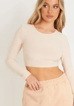 Tops|Basics*Missy Empire Amida Long Sleeve Crew Neck Smooth Crop Top Stone