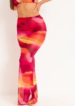 Swimwear|Skirts*Missy Empire Amirah Orange Multi Mesh Printed Maxi Skirt