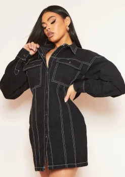 Little Black Dresses|Mini Dresses*Missy Empire Amy Black Denim Contrast Stitch Mini Dress
