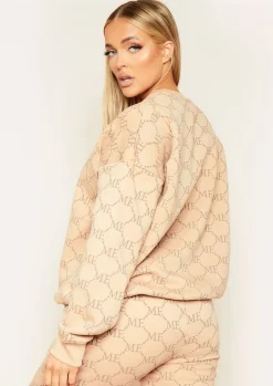 Airport Vibin'|Loungewear*Missy Empire Anisha Beige Repeat Slogan Print Oversized Sweatshirt