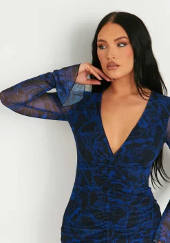 Long Sleeve Dresses|Mini Dresses*Missy Empire Aniyah Blue Mesh Long Flared Sleeved Front Ruched Mini Dress