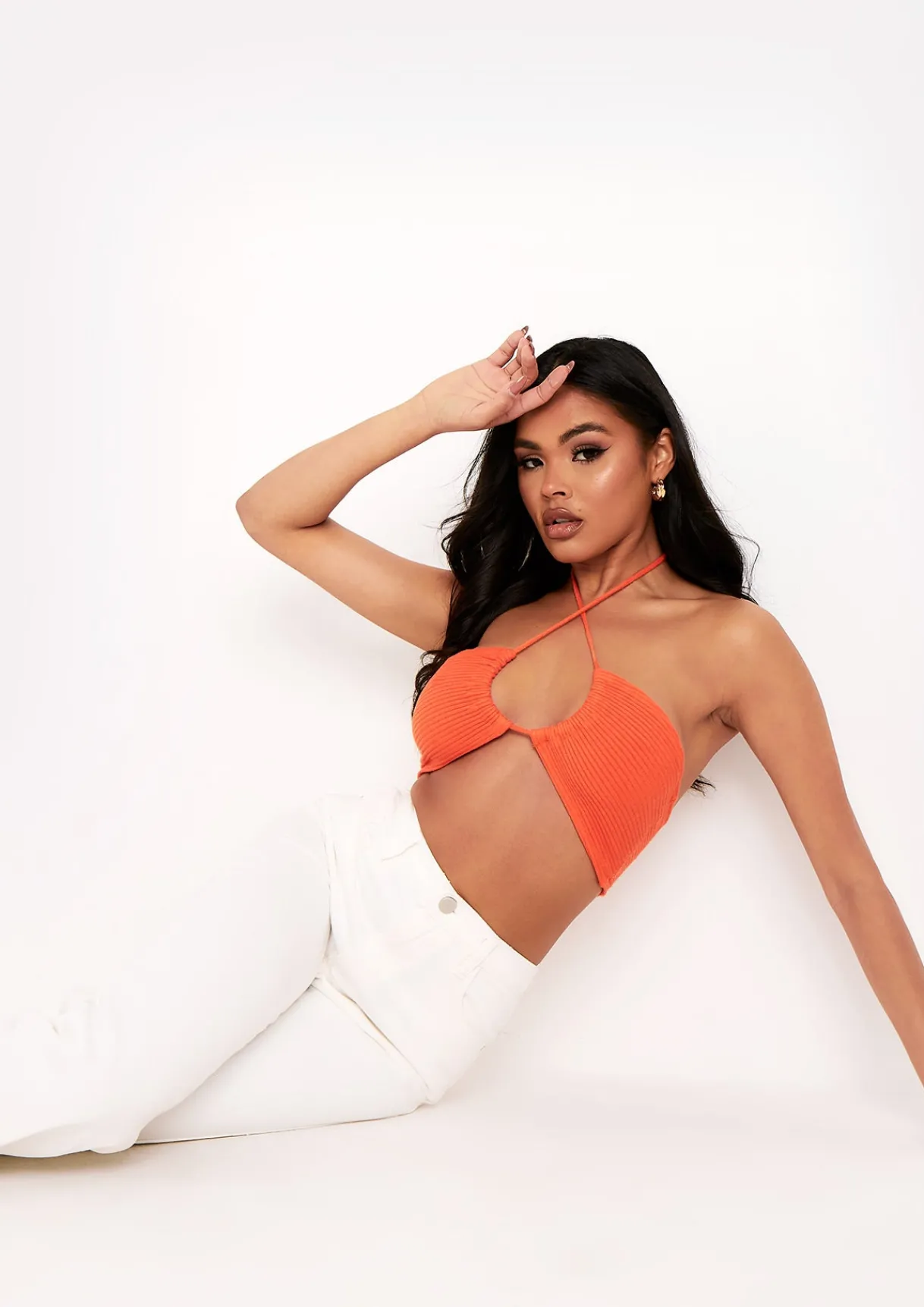 Tops|Knitwear*Missy Empire Ann Ribbed Cut Out Halterneck Bandeau Crop Top Orange