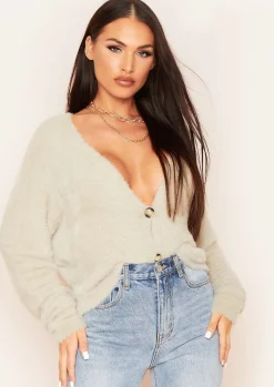 Airport Vibin'|Knitwear*Missy Empire Anna Beige Fluffy Thick Knit Oversized Cropped Cardigan