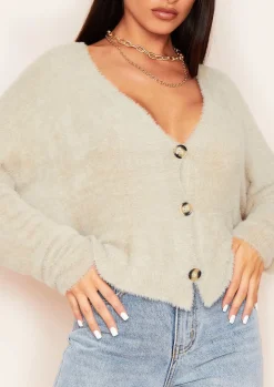 Airport Vibin'|Knitwear*Missy Empire Anna Beige Fluffy Thick Knit Oversized Cropped Cardigan