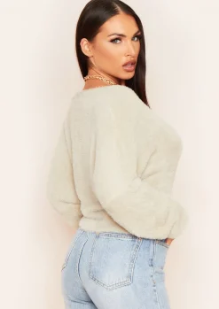 Airport Vibin'|Knitwear*Missy Empire Anna Beige Fluffy Thick Knit Oversized Cropped Cardigan