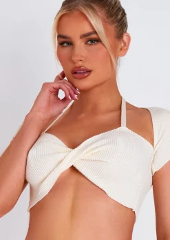 Rave Outfits|Tops*Missy Empire Anna Twist Front Cap Sleeve Crop Top Ivory