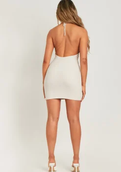 Knitted Dresses|Mini Dresses*Missy Empire Anneka Low Back Ribbed Halterneck Dress Beige