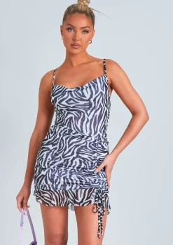Rave Outfits|Mini Dresses*Missy Empire Anvika Zebra Print Cowl Neck Ruched Side Mini Dress Black