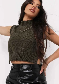 Airport Vibin'|Tops*Missy Empire Ariana Cropped Knitted Sleeveless Vest Khaki