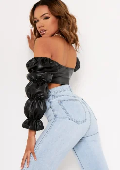 Tops*Missy Empire Ariel Black PU Ruched Sleeve Crop Top