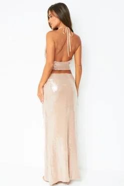 The Party Edit|Tops*Missy Empire Arya Champagne Wet Look Cowl Neck Sequin Top