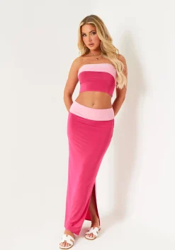 Tops|Co-Ords*Missy Empire Asha Pink Contrast Fold Over Slinky Bandeau Top