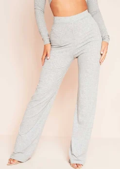 Airport Vibin'|Trousers*Missy Empire Aubrey Grey Mix & Match Ribbed Lounge Wide Leg Trousers