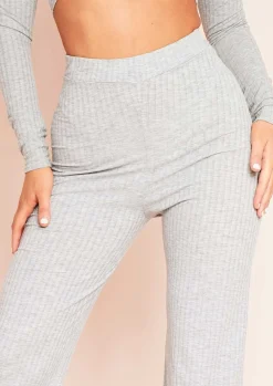 Airport Vibin'|Trousers*Missy Empire Aubrey Grey Mix & Match Ribbed Lounge Wide Leg Trousers